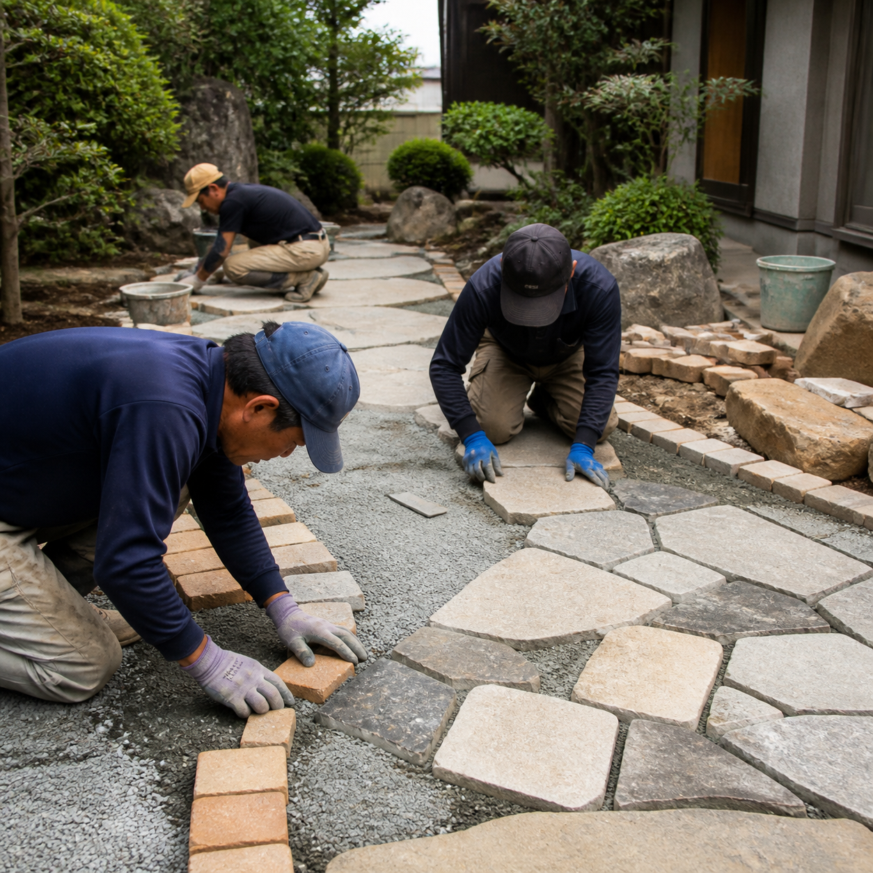 アプローチの石張り施工